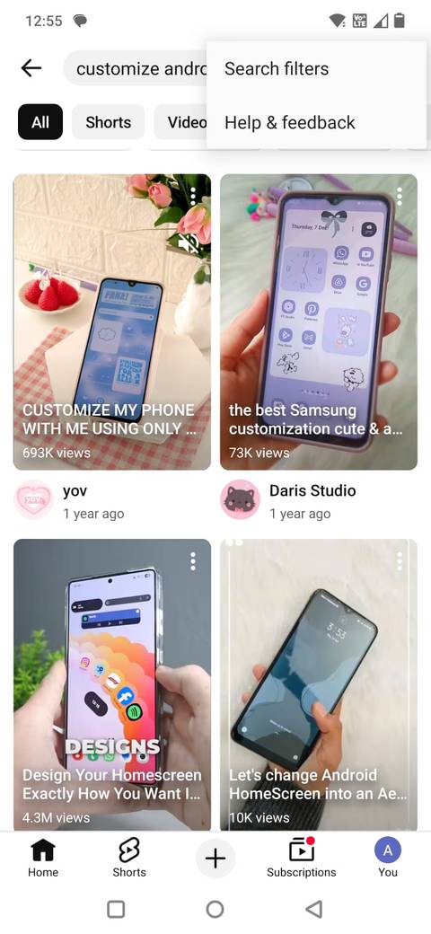 Screenshot showing the Search fiters option on YouTube