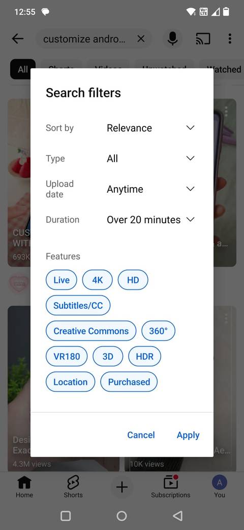 Screenshot showing the Search filters settings in YouTube