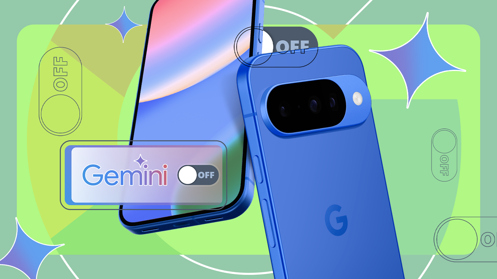 Um telefone Google Pixel azul com o logotipo Gemini AI e vários ícones de alternância ao redor.