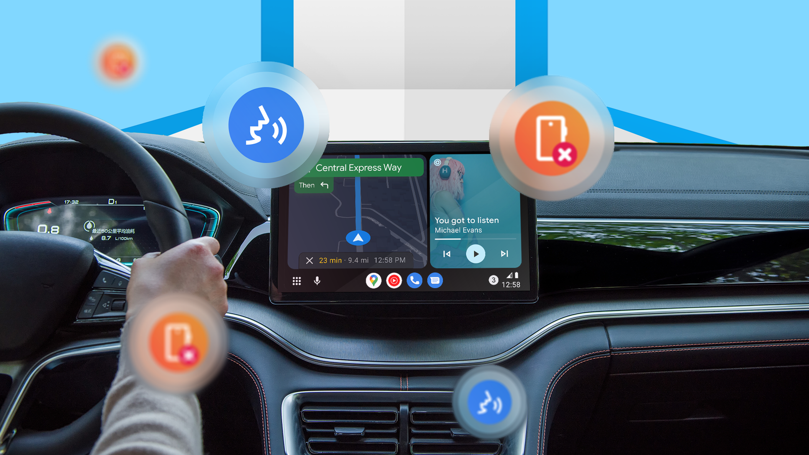 A car dashboard displaying Android Auto navigation and music controls, with floating icons for voice commands and phone.