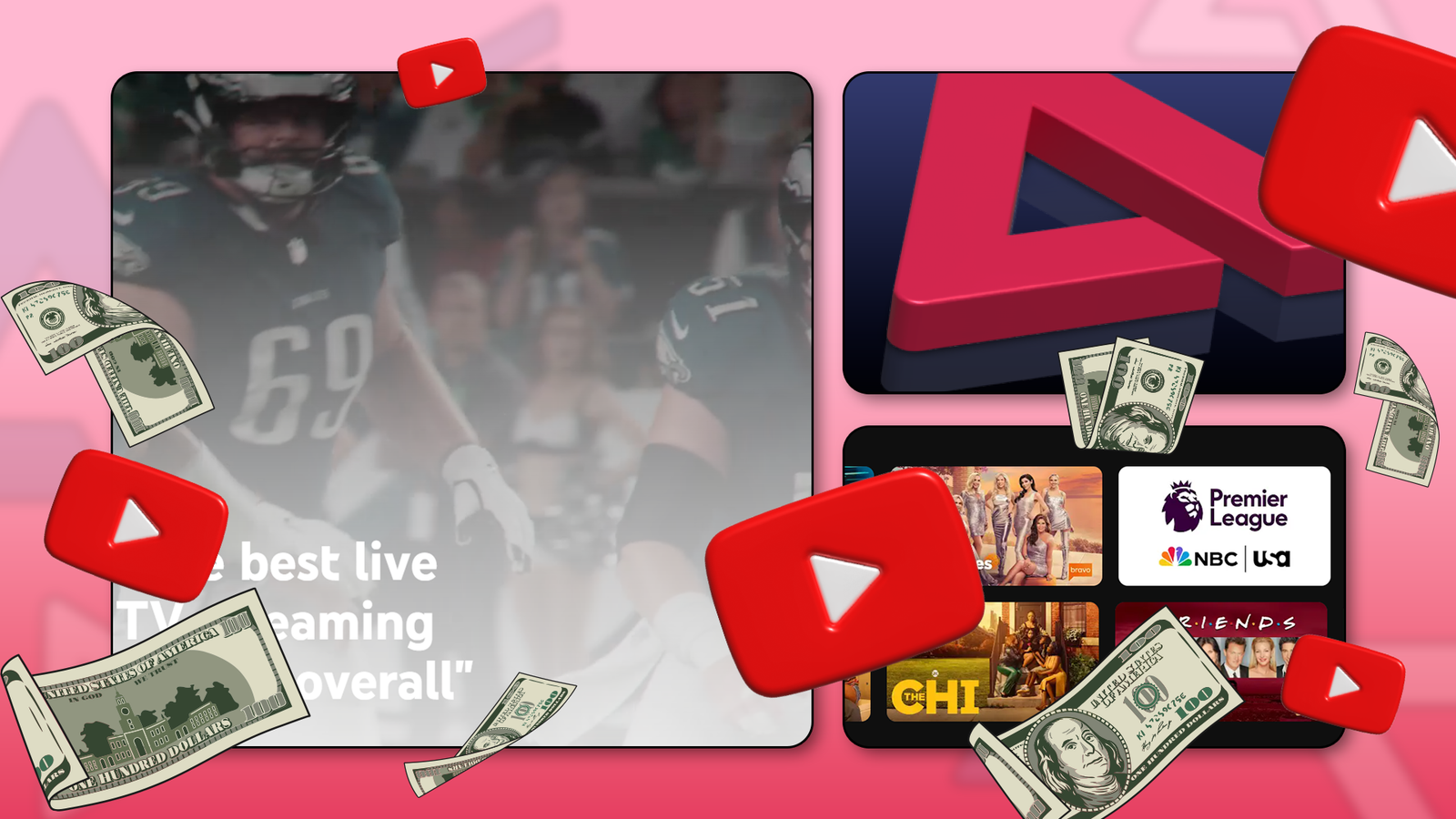 A collage-style graphic showing sports footage, streaming service tiles, and floating YouTube logos surrounded by falling dollar bills.