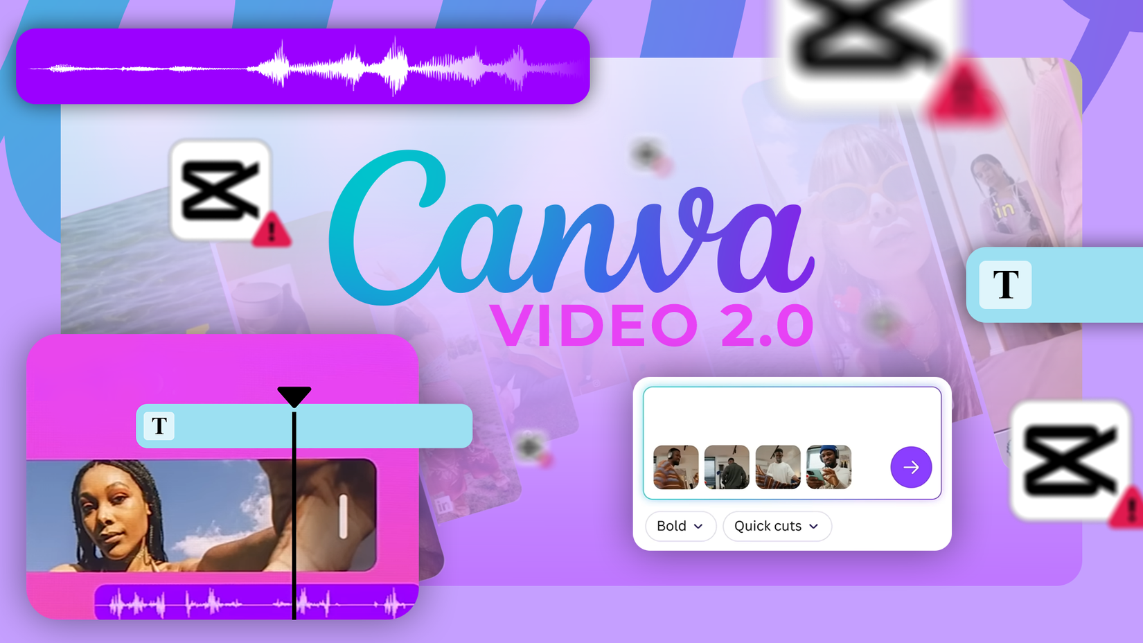 A colorful illustration highlighting 'Canva Video 2.0', surrounded by editing interface elements and blurred CapCut icons with warning symbols.