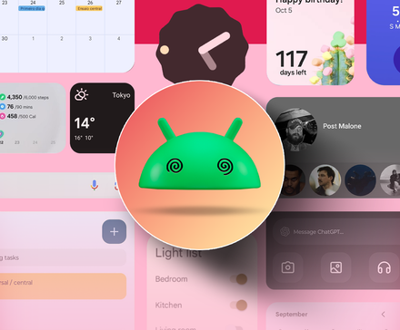 A dizzy-looking Android mascot surrounded by a cluttered background full of widgets.