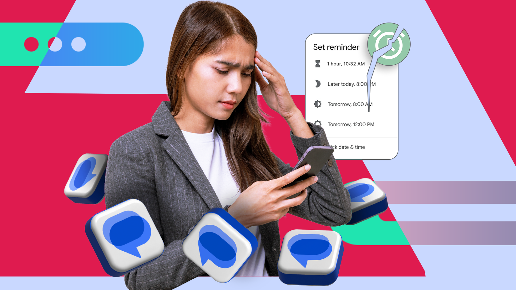 Uma mulher frustrada olhando para o telefone cercada por ícones flutuantes do Mensagens do Google, com um menu 