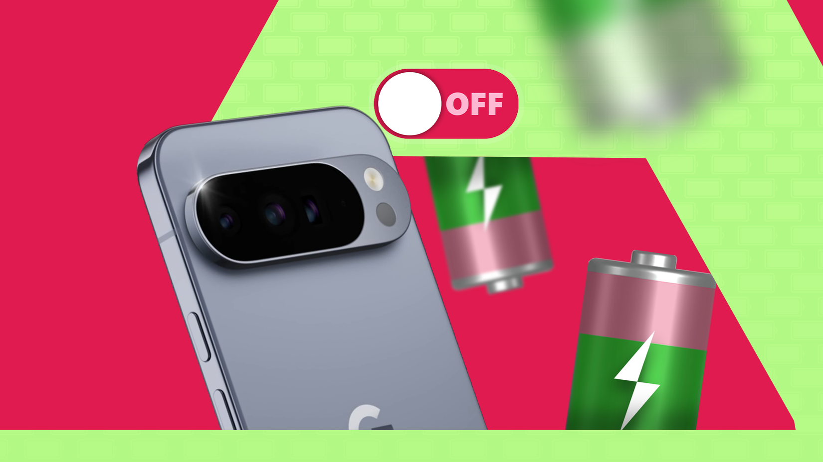 A Google Pixel 10 Pro next to green battery icons, with a large toggle switch set to 'OFF'.