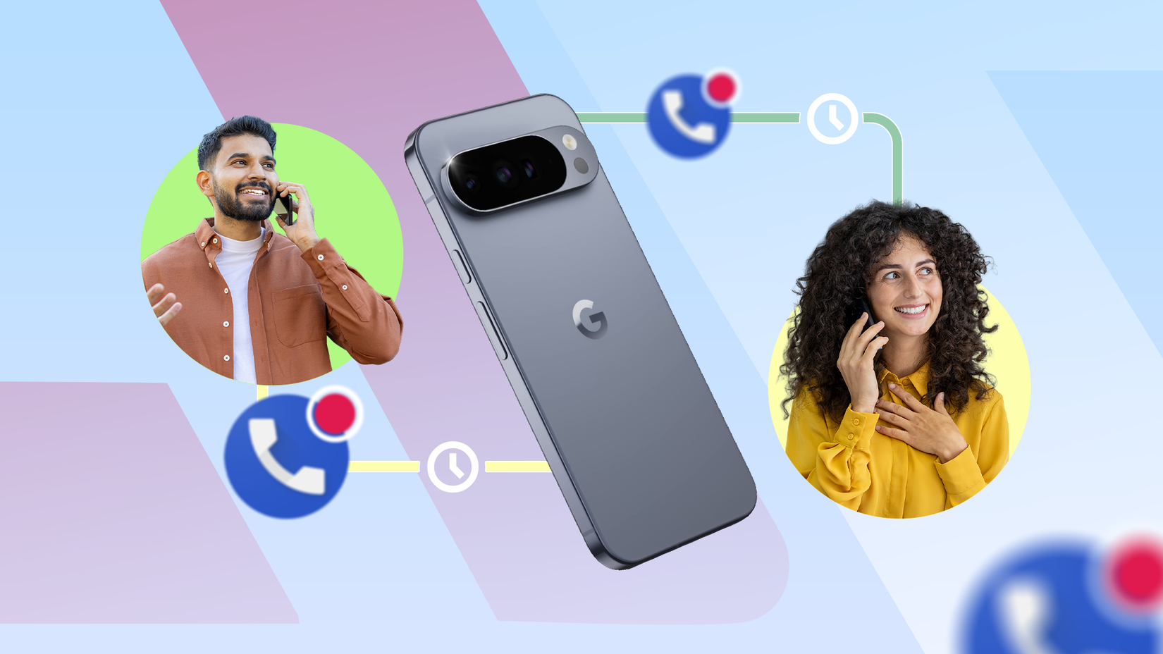 A Google Pixel phone between two people on calls, with colorful call icons around them, representing Hold for Me and Direct My Call.