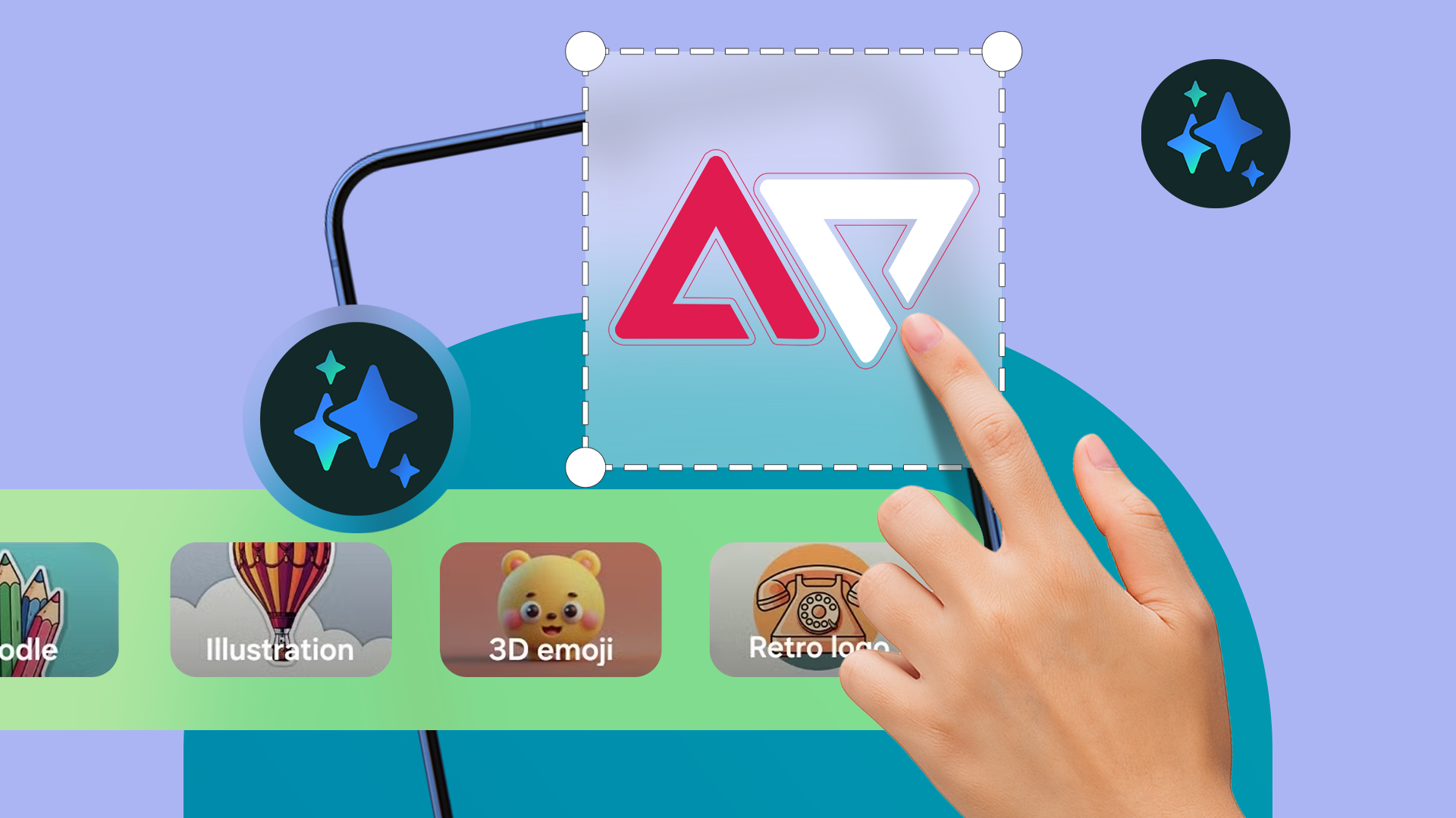 Una mano che modifica un adesivo sullo schermo di un telefono Samsung, con le opzioni di stile sotto, circondato da icone AI luminose.