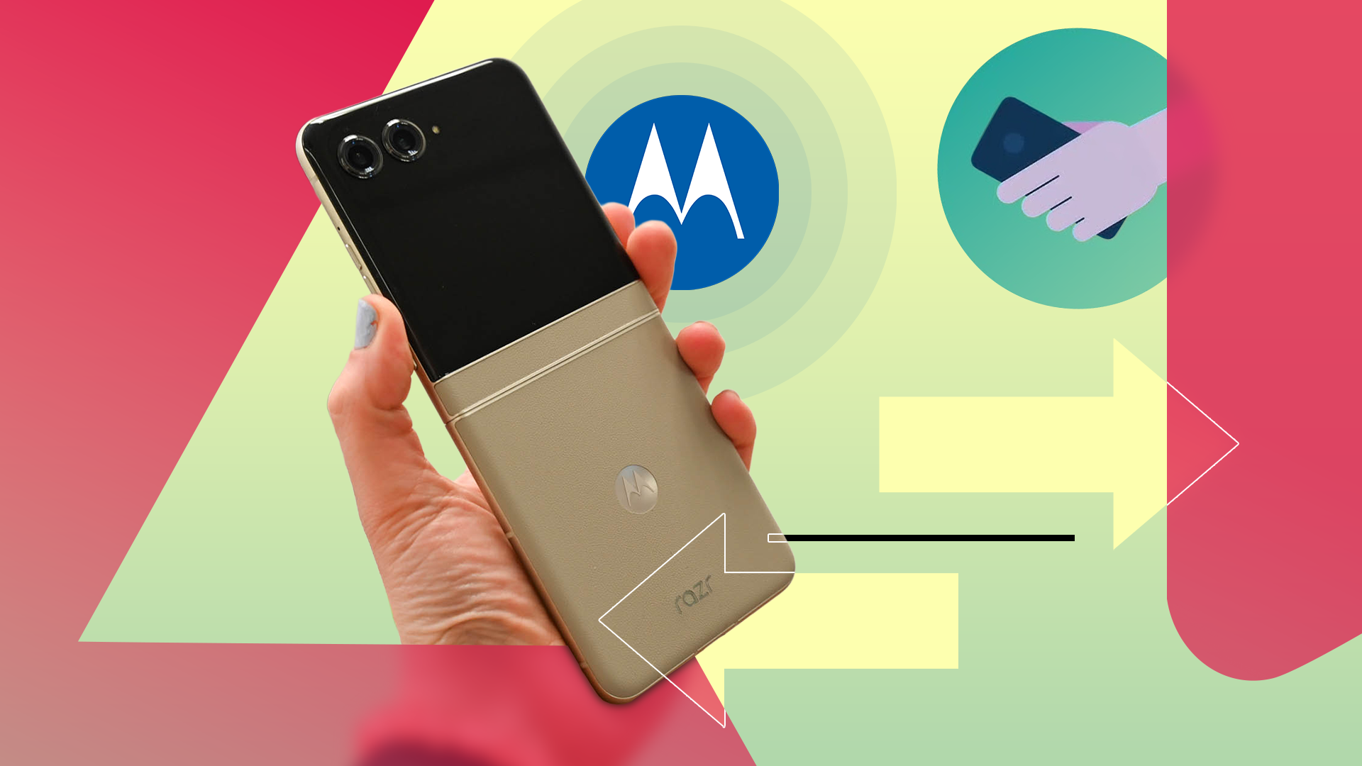 Una mano che tiene un telefono Motorola Razr, con il logo Motorola e le icone dei gesti sullo sfondo.