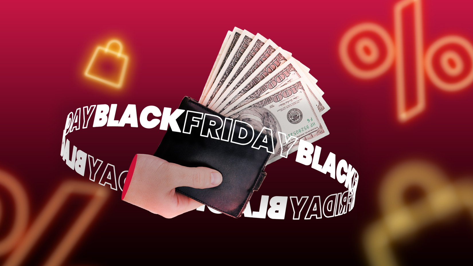 A hand holding a wallet filled with cash, wrapped by a spinning 'BLACK FRIDAY' text ring, with neon discount icons glowing in the background