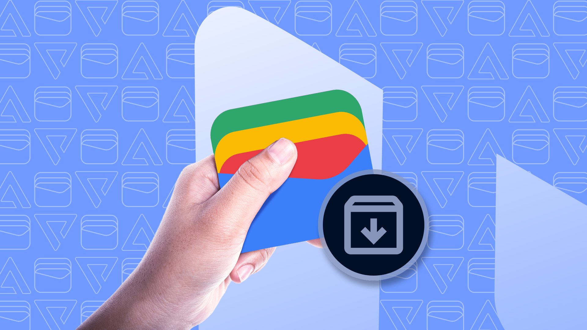 Una mano che tiene il logo di Google Wallet, con accanto l'icona di un archivio.