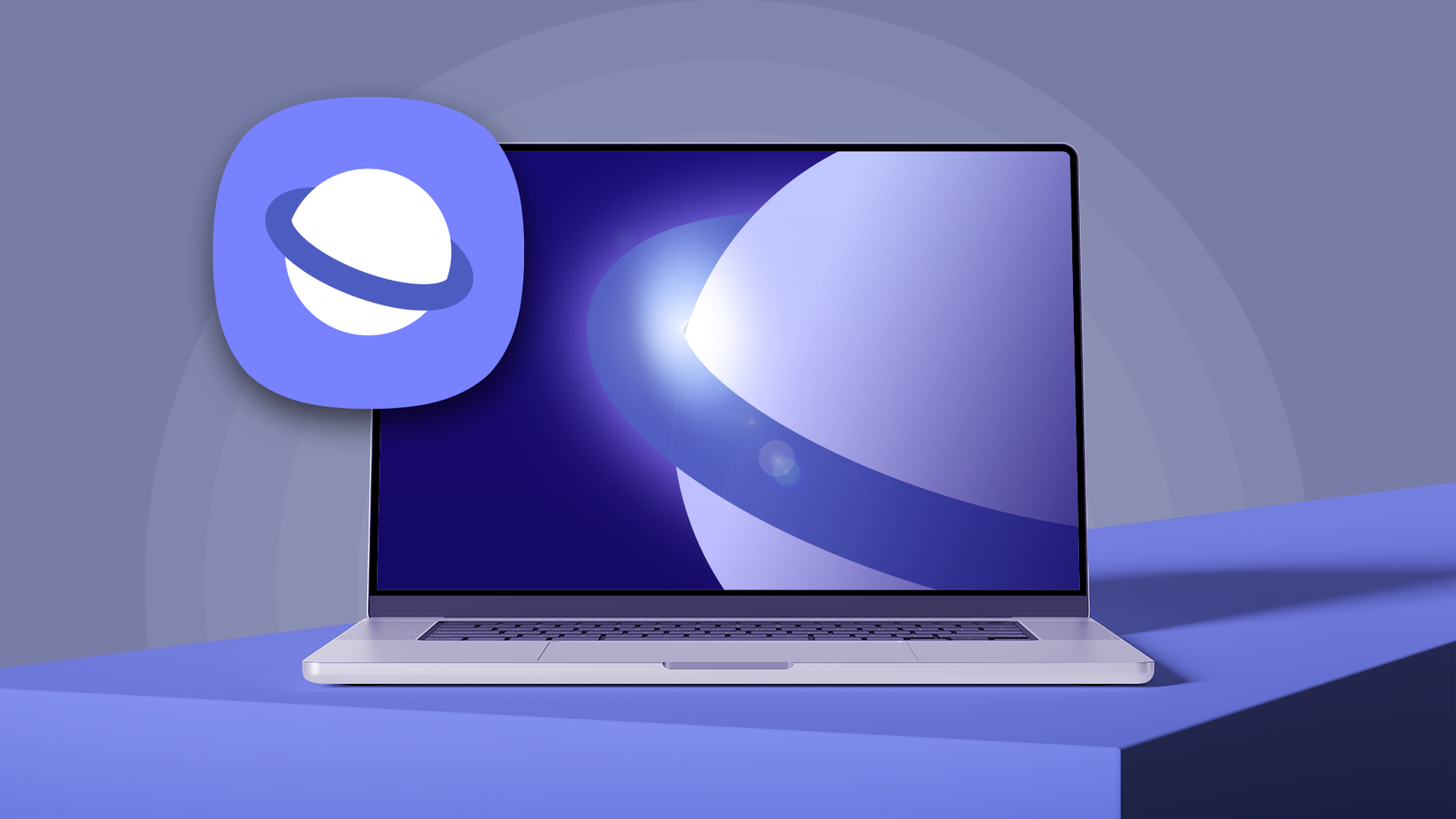 Um laptop exibindo o logotipo abstrato roxo e branco do navegador de Internet da Samsung em sua tela, com o ícone do aplicativo de Internet da Samsung flutuando ao lado dele.