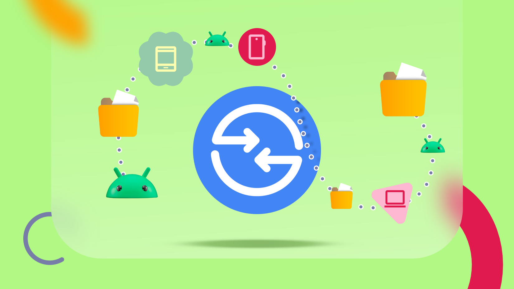 A large Quick Share icon centered on a light green background, with dotted curved paths connecting Android mascots, document folders, and device icons like a phone, tablet, and laptop.