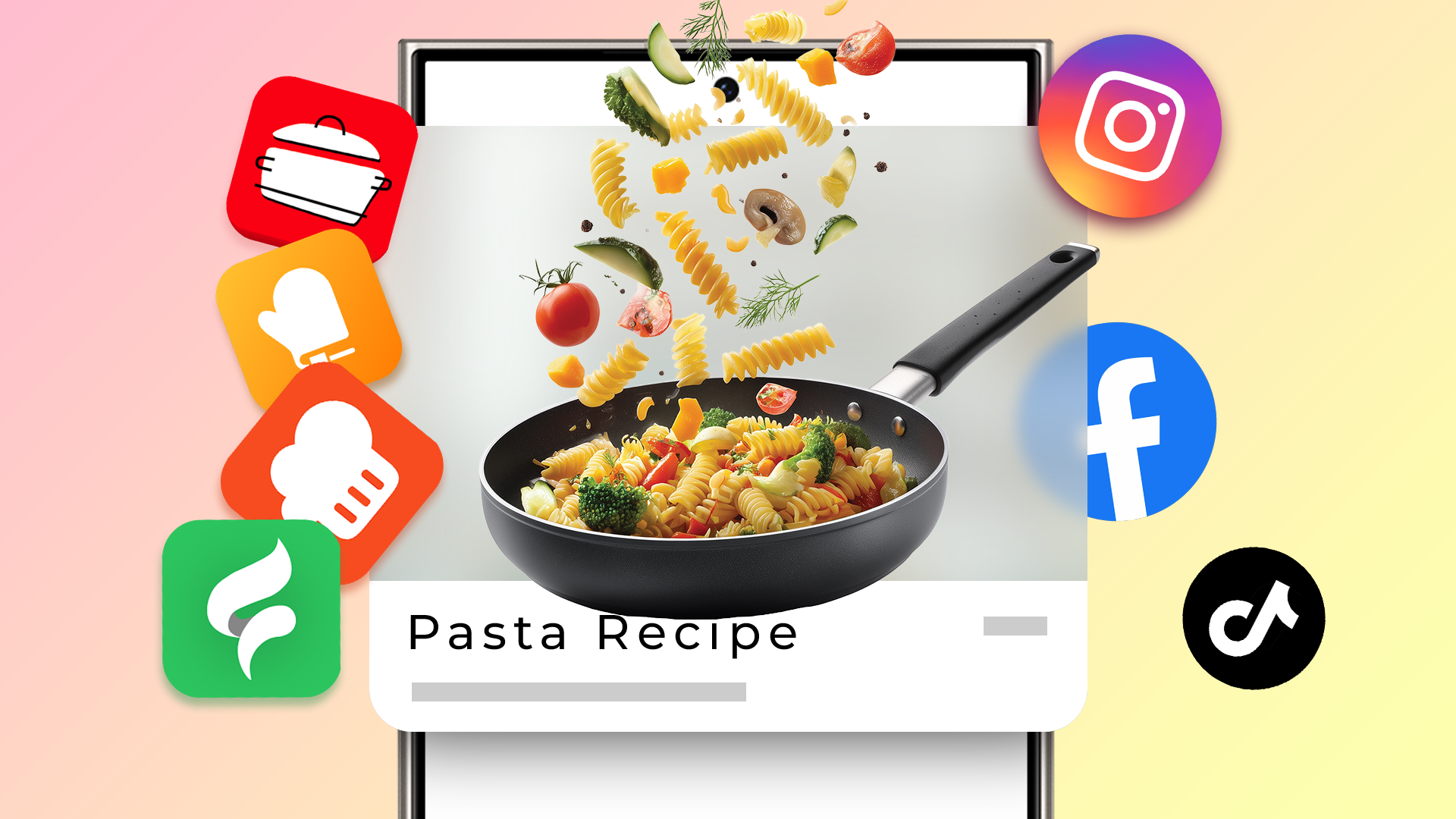 Una padella con pasta e verdure che galleggia, che appare sullo schermo di uno smartphone con l'etichetta 