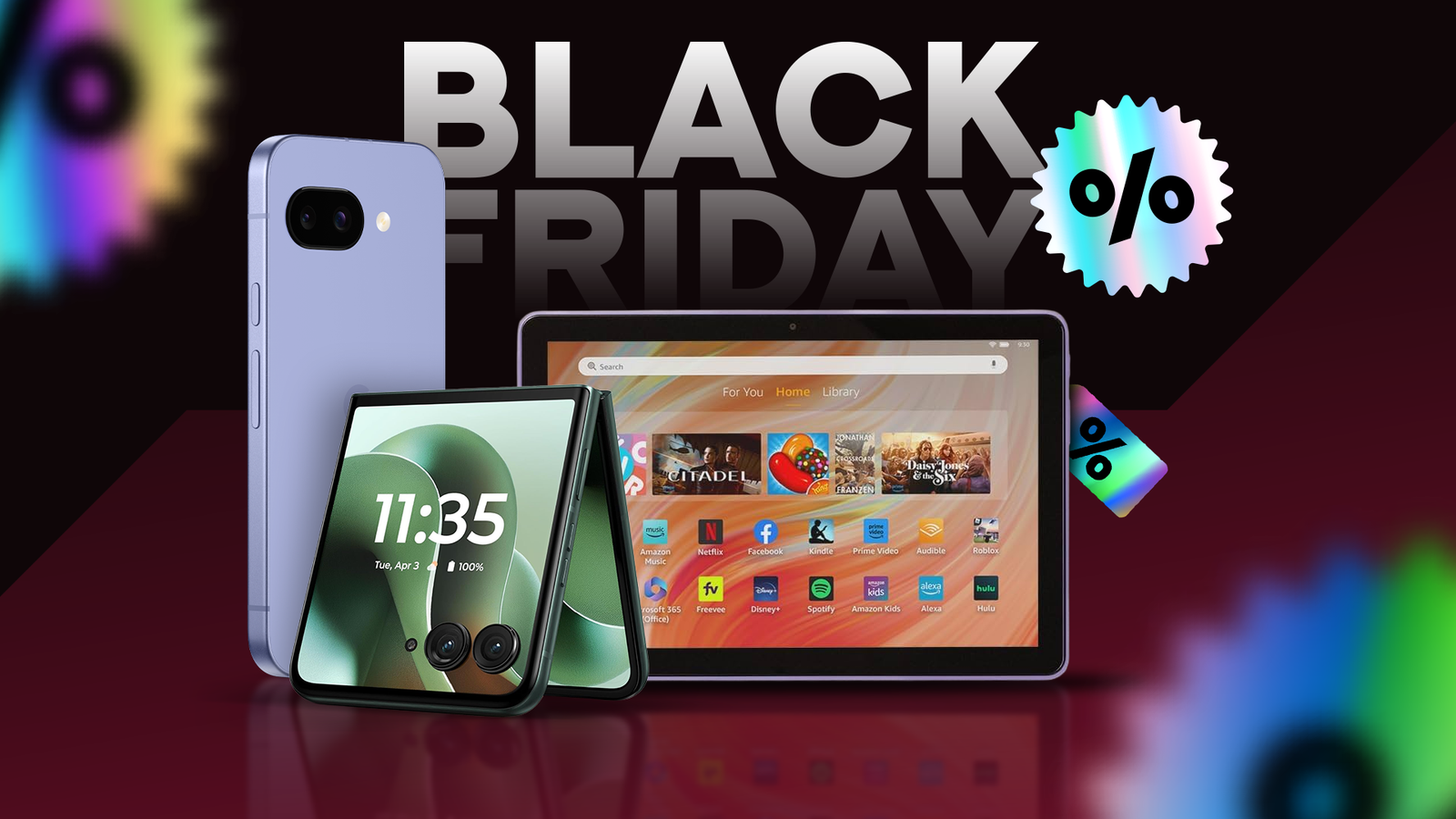 A Pixel 9a, a Razr Ultra (2025), and an Amazon Fire tablet, displayed in front of a bold 'BLACK FRIDAY' banner, with colorful discount icons around