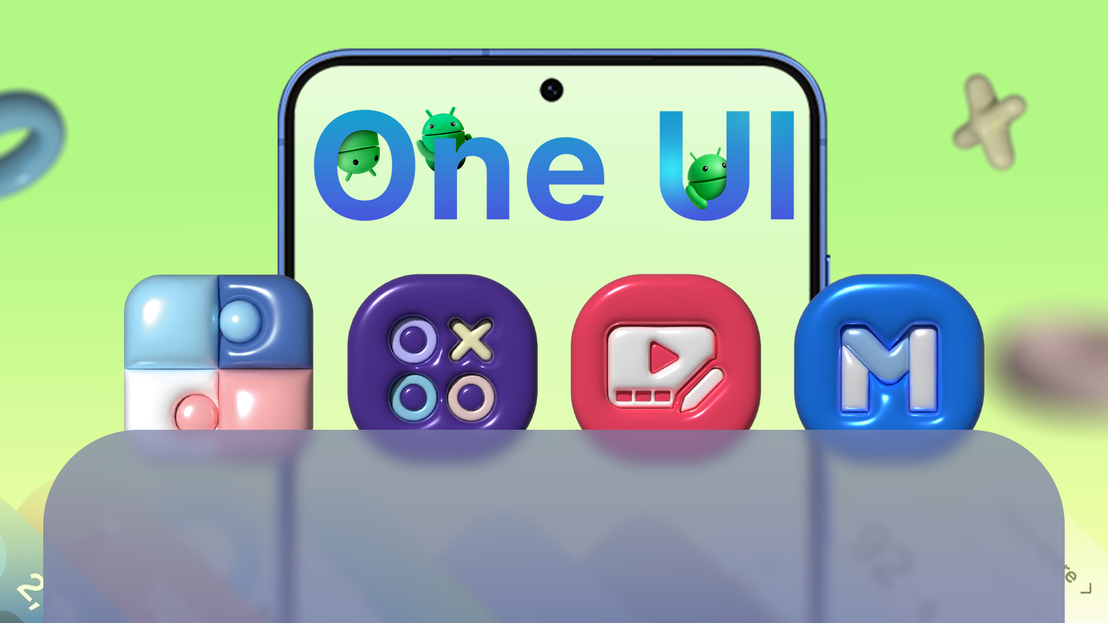 گوشی سامسونگی که متن ‘One UI’ و نمادهای Good Lock، Gaming Hub، Samsung Studio و Samsung Members را نشان میدهد