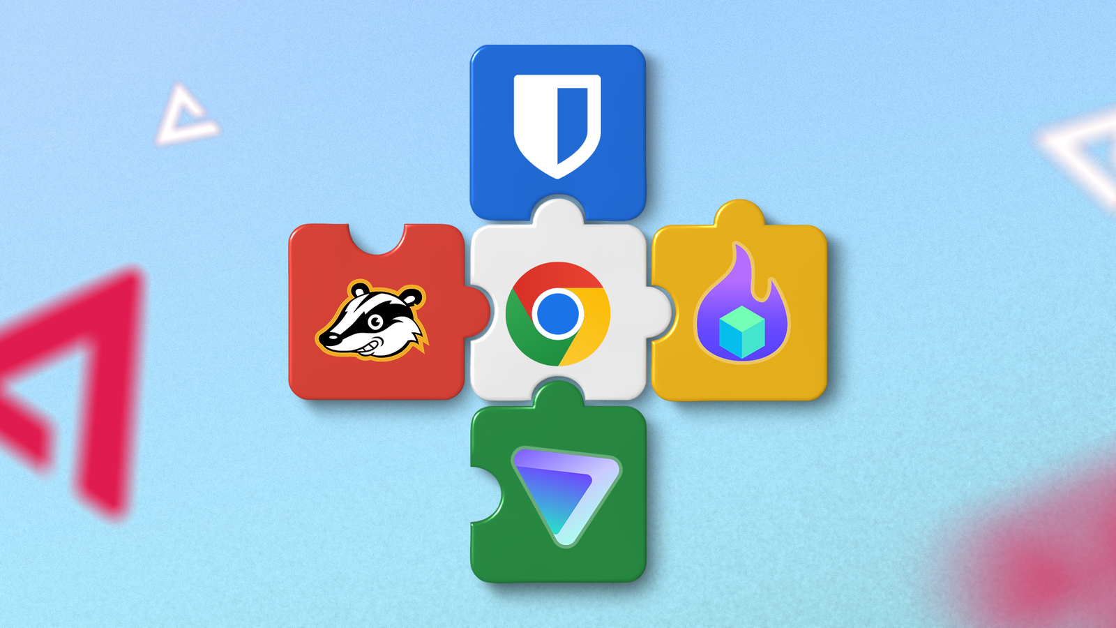 A set of colorful puzzle pieces featuring the logos of Chrome, SquareX, Bitwarden, Privacy Badger, and Proton VPN.