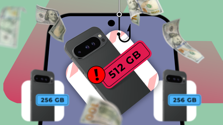 A smartphone labeled 512 GB hooked like bait, surrounded by falling dollar bills, with two 256 GB phones below.