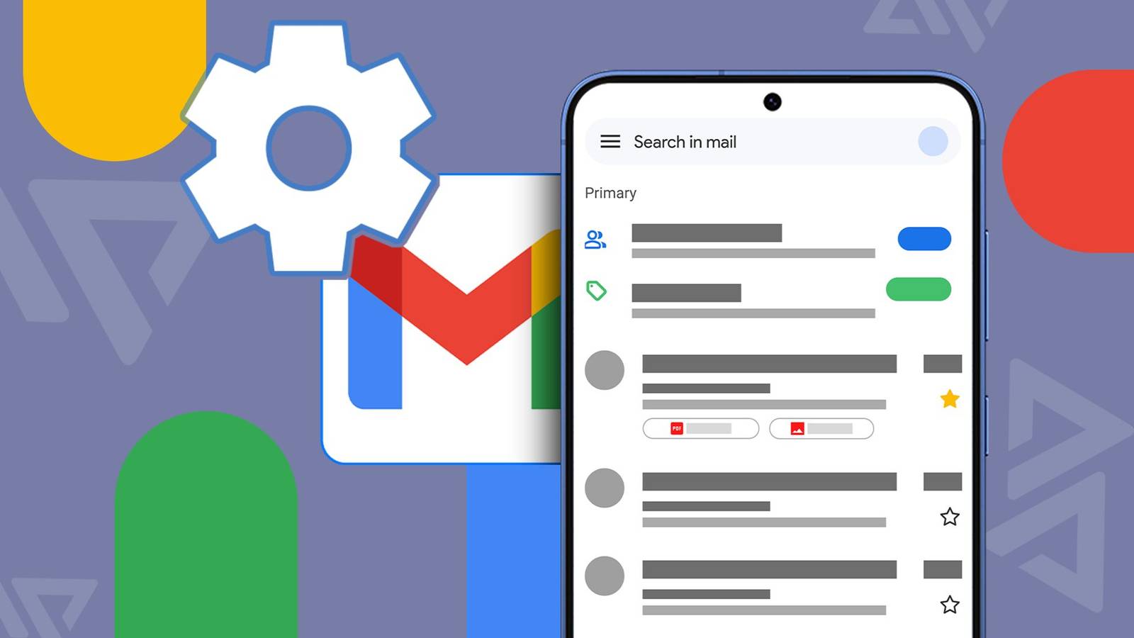 A smartphone screen showing the Gmail inbox, placed over the Gmail logo and a large settings gear icon, with colorful Google shapes in the background