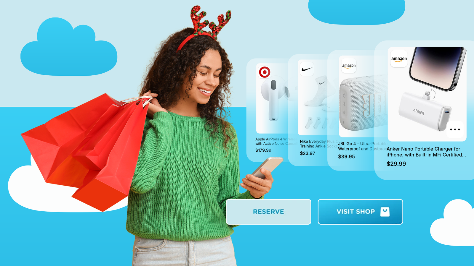 A smiling woman wearing festive reindeer headbands holds red shopping bags while using her phone, with a wishlist beside her showing items like AirPods, socks, a JBL speaker, and an Anker charger against a blue background with clouds.
