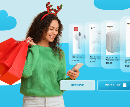 A smiling woman wearing festive reindeer headbands holds red shopping bags while using her phone, with a wishlist beside her showing items like AirPods, socks, a JBL speaker, and an Anker charger against a blue background with clouds.