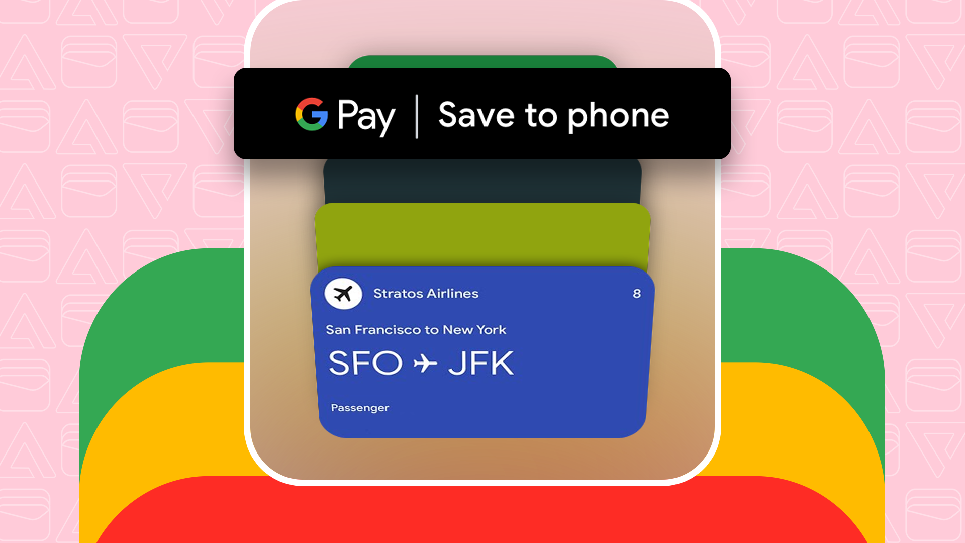 A stack of digital cards with a prominent 'Save to phone' button above it and the Google Wallet Logo behind them.