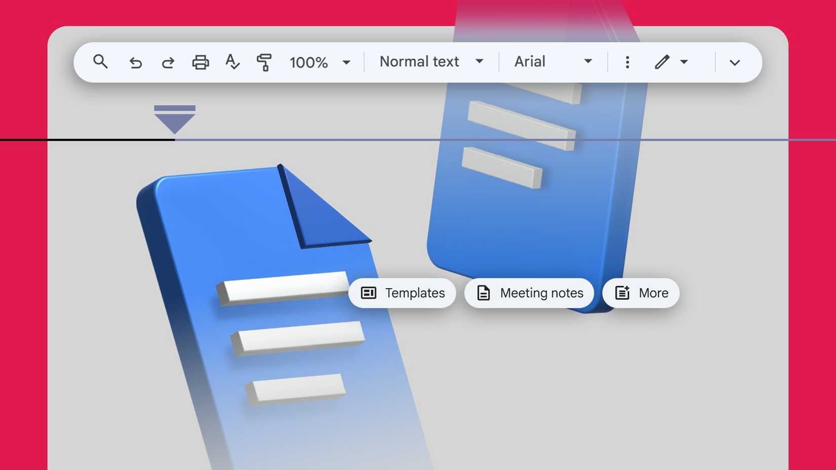 A stylized illustration of a minimalist Google Docs interface, featuring two blue Google Docs logos floating around