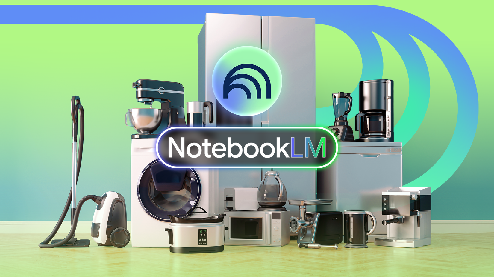 Uma variedade de eletrodomésticos dispostos juntos em um piso de madeira, com o logotipo NotebookLM brilhando no centro