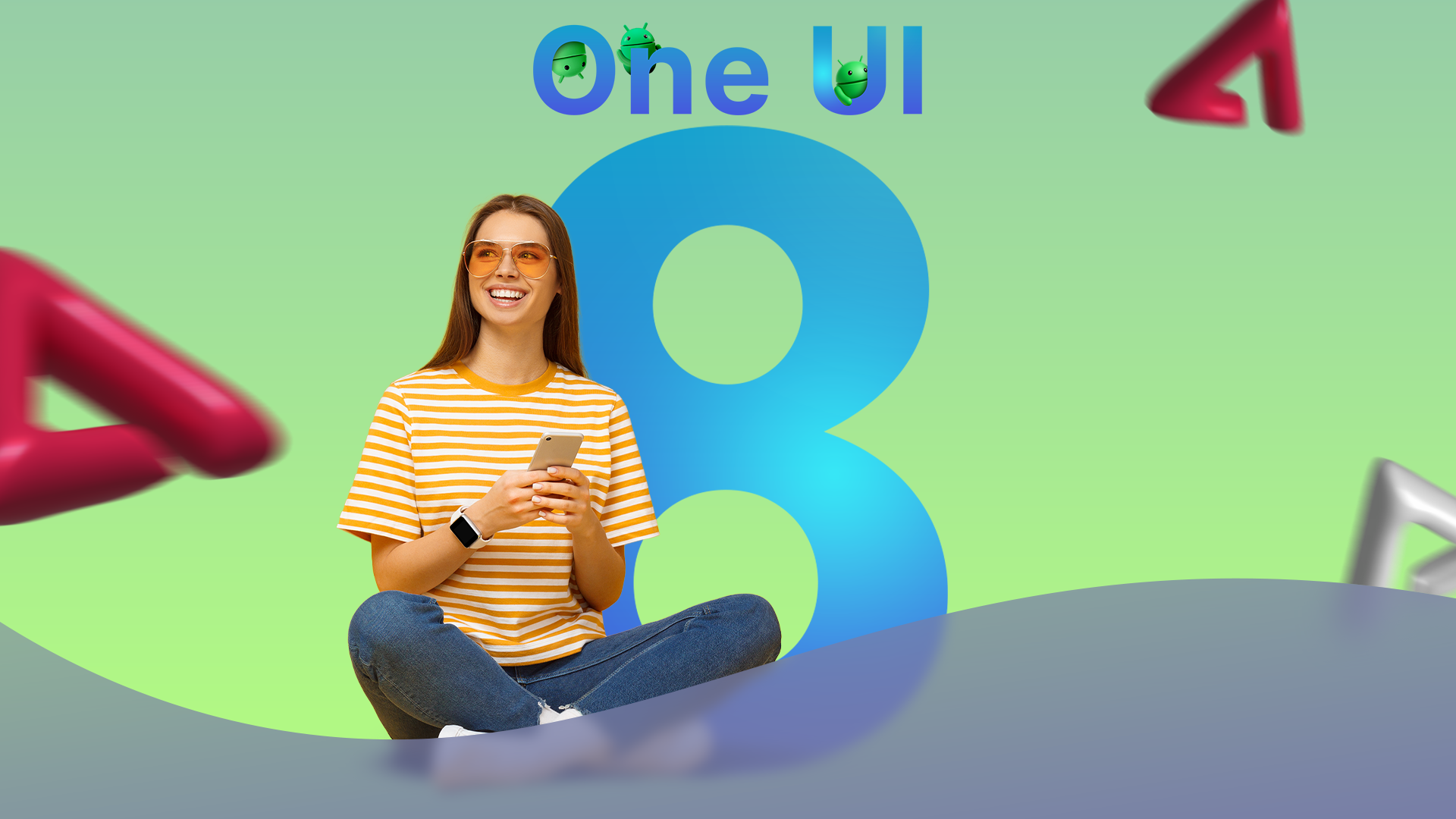 A woman sitting cross-legged and smiling while holding a smartphone, with a large 'One UI 8' beside her.