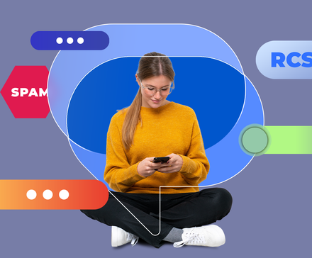 A woman sitting cross-legged while using her phone, surrounded by Google Messages interface elements such as RCS, spam protection, and chat bubbles.