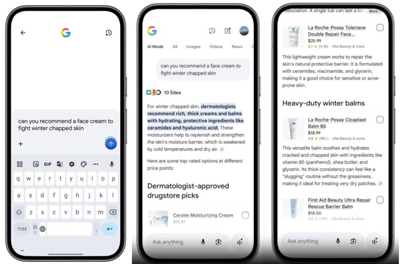 Screenshots highlighting AI Mode's new shopping features.