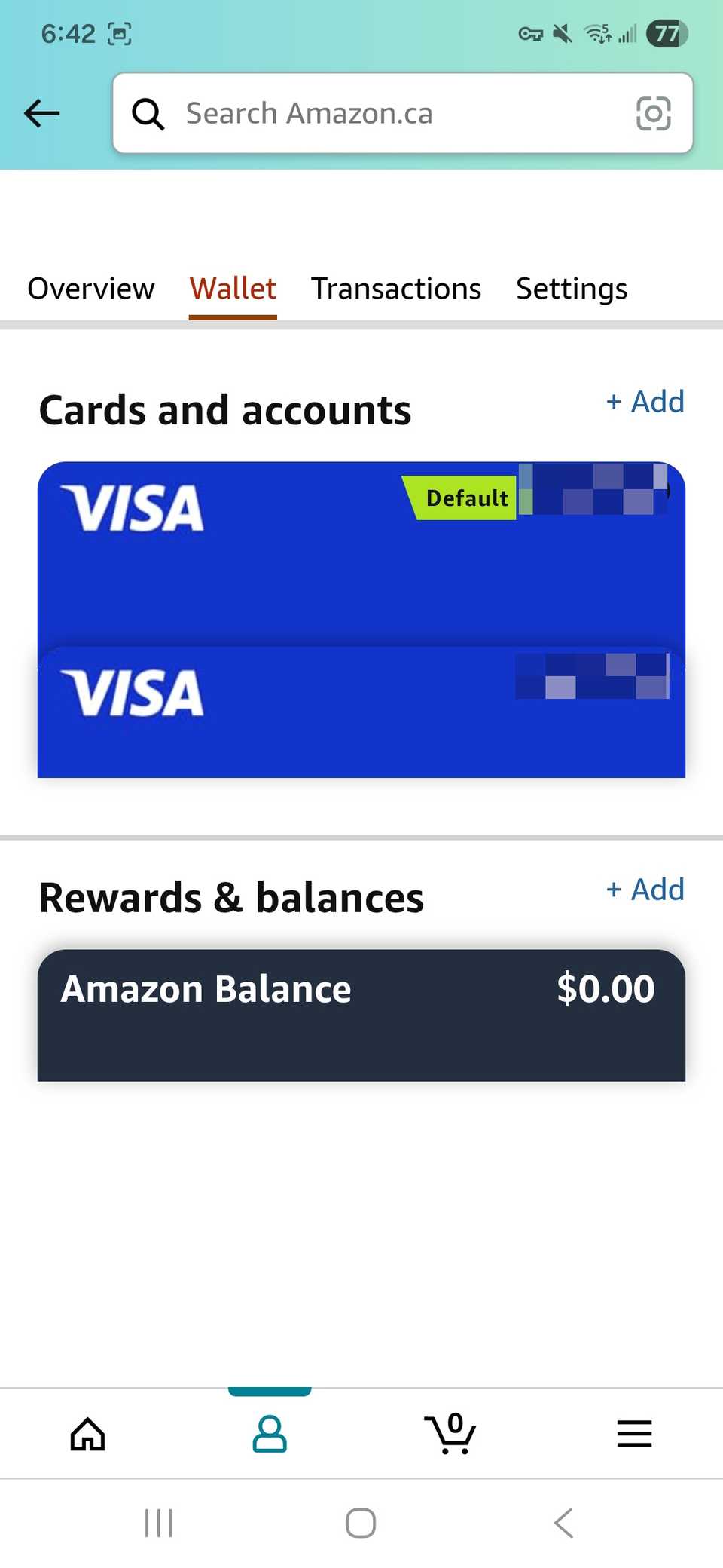 Pagina Carte e conti che mostra diverse opzioni di pagamento, premi e saldi sull'app Amazon