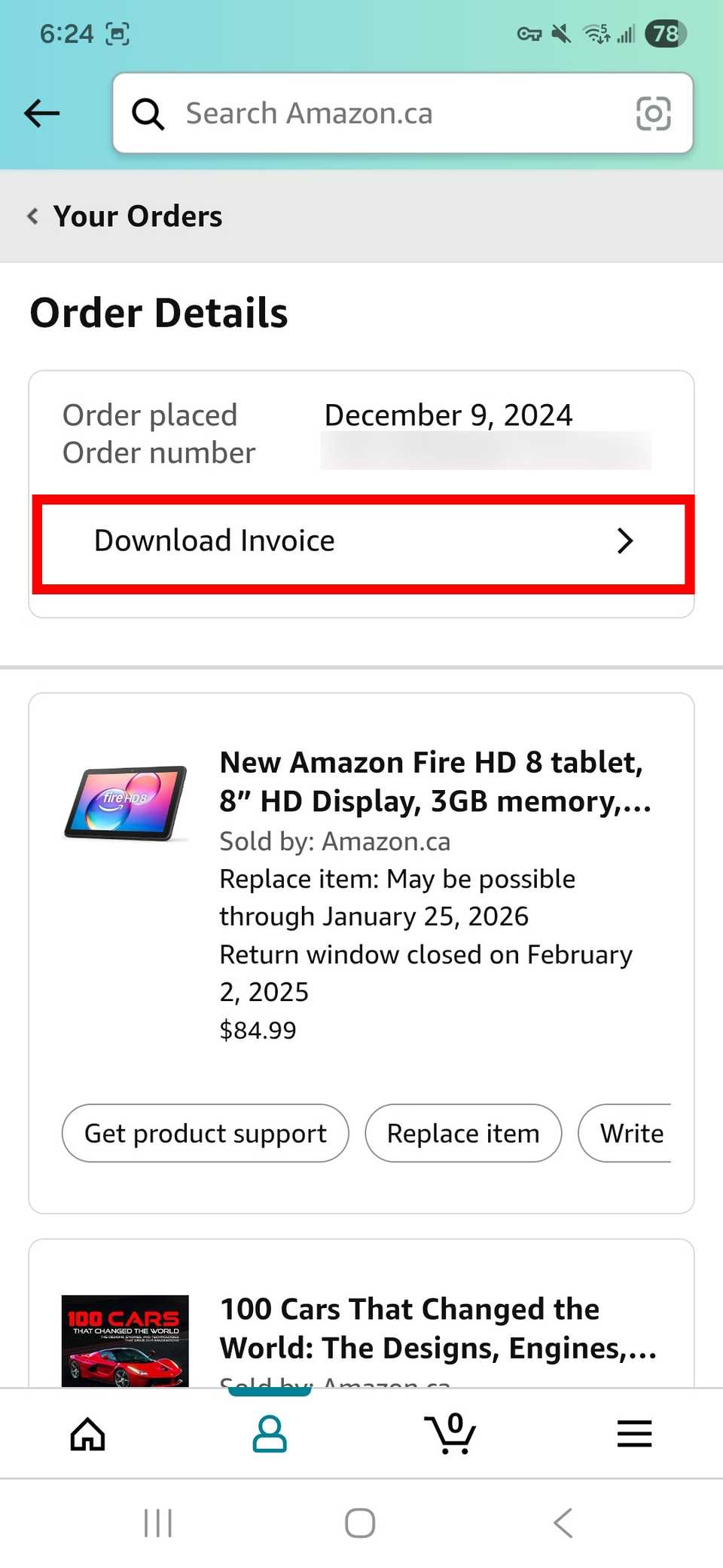 Red rectangle outline highlighting Download Invoice in Amazon app