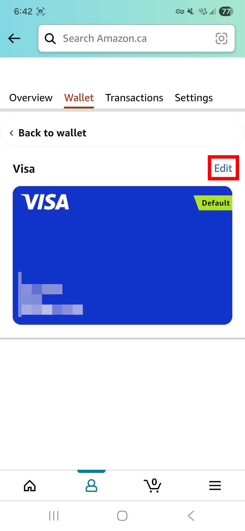 Contorno del rettangolo rosso che evidenzia l'opzione Modifica per un metodo di pagamento sull'app Amazon