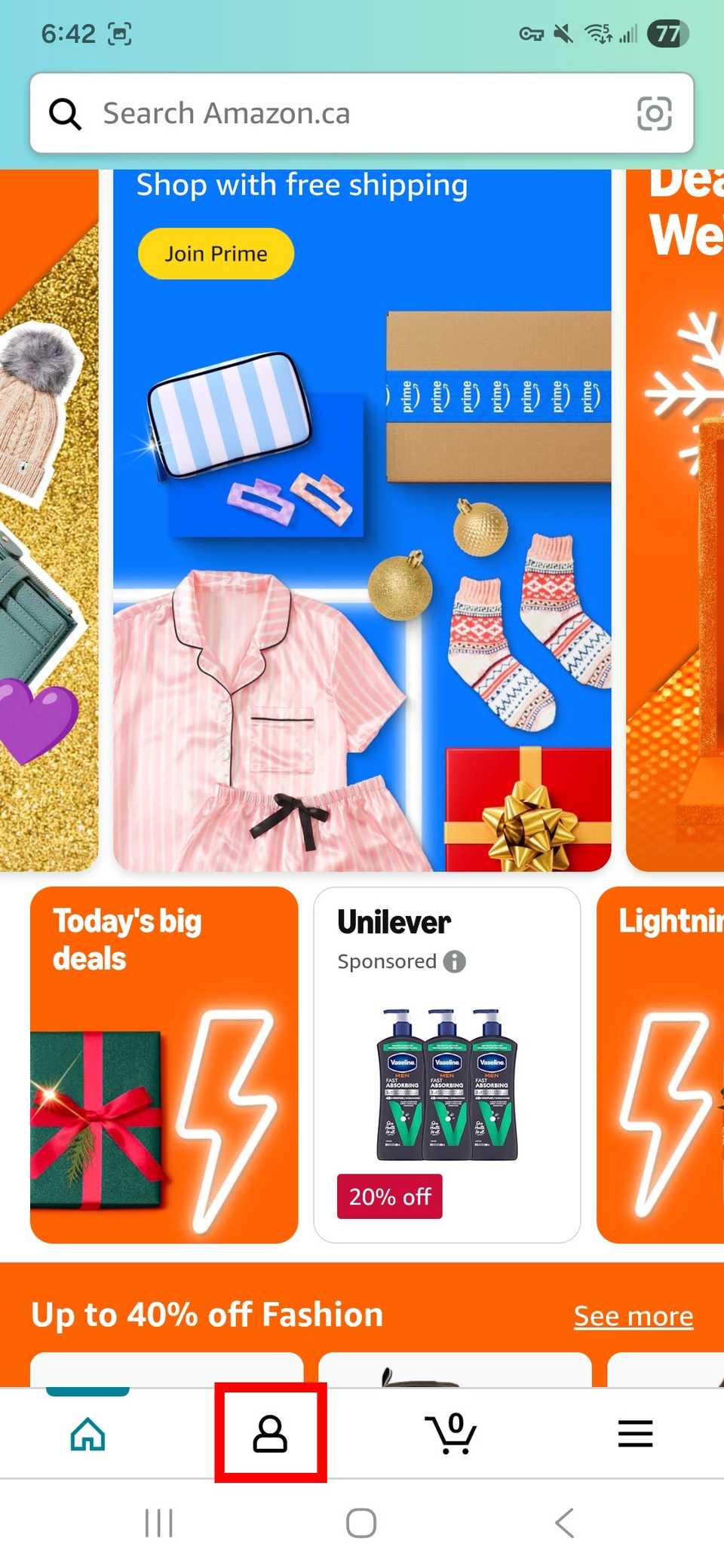 Contorno del rettangolo rosso che evidenzia l'icona del profilo nell'app Amazon nella parte inferiore dello schermo