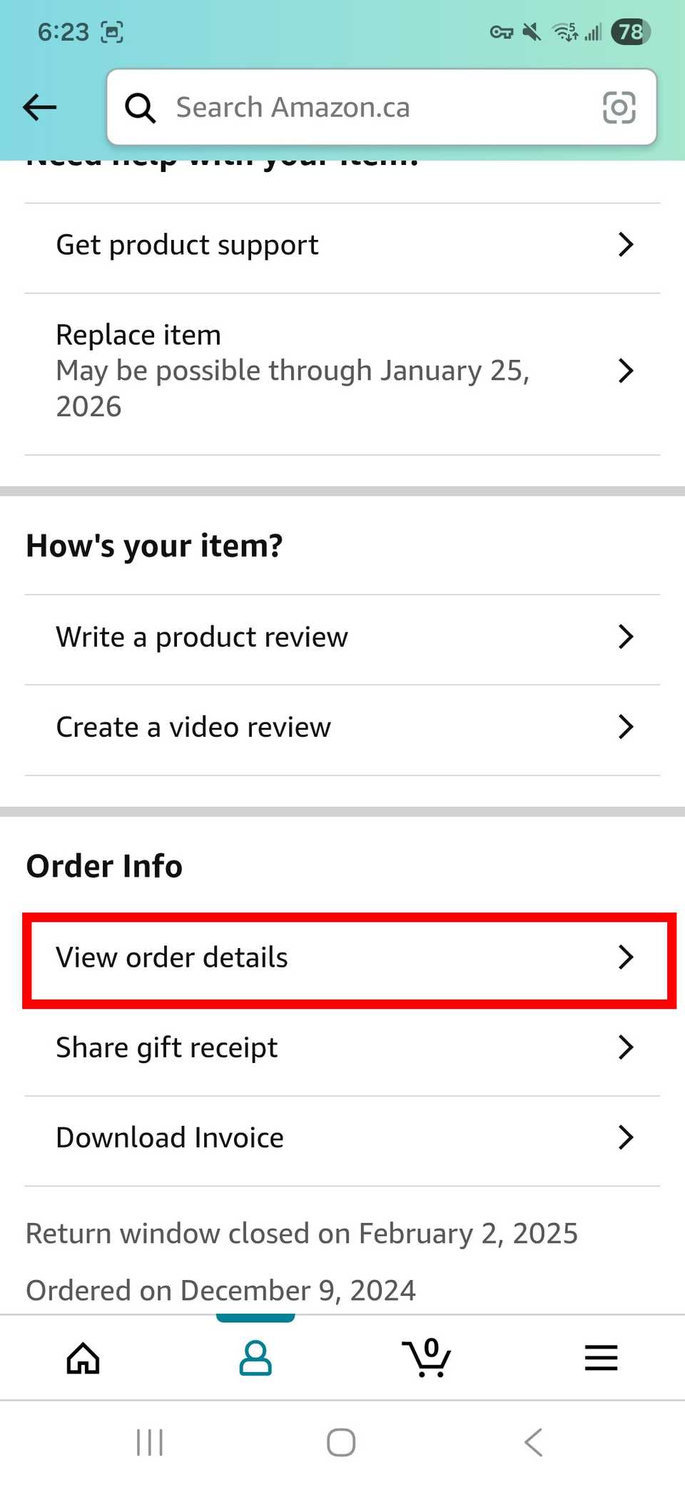 Red rectangle outline highlighting View order details in Order info on Amazon app