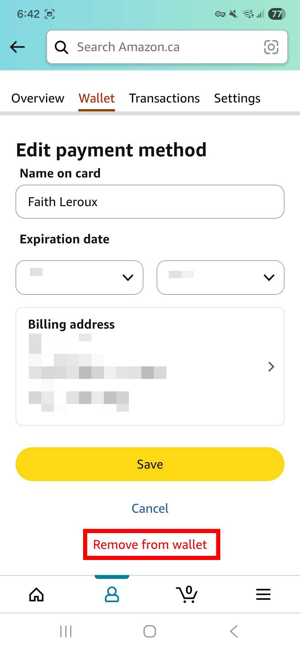 Evidenziazione del contorno del rettangolo rosso Opzione Rimuovi dal portafoglio in Modifica metodo di pagamento nell'app Amazon