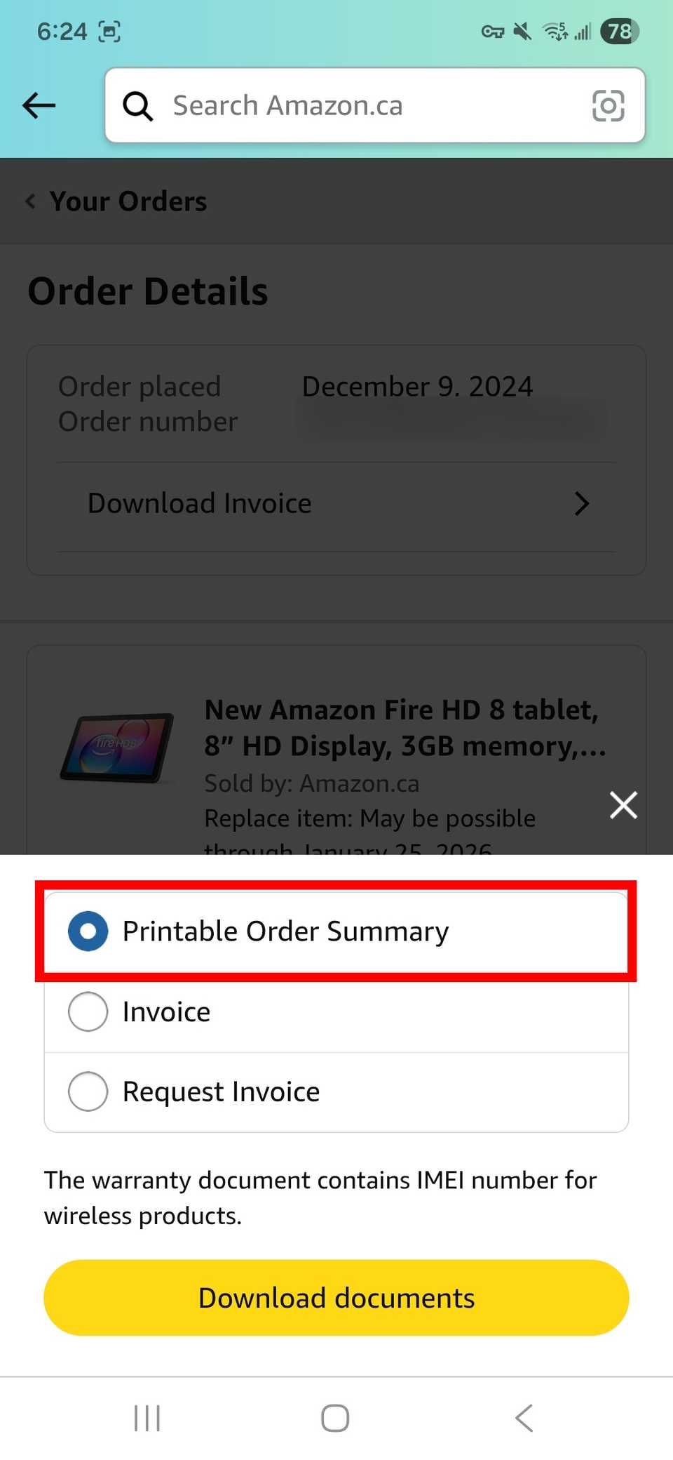 Red rectangle outline highlighting Printable Order Summary in Amazon app