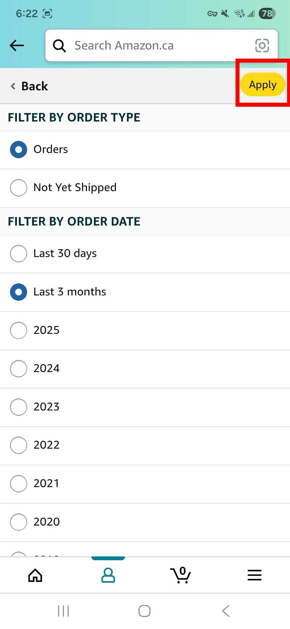 Red rectangle outline highlighting Apply in top-right corner on Your Orders page on Amazon app
