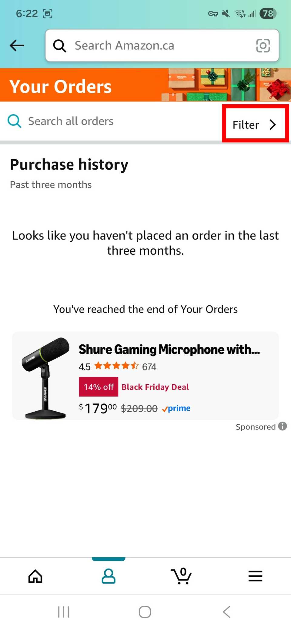 Red rectangle outline highlighting Filter in Your Order page on Amazon app