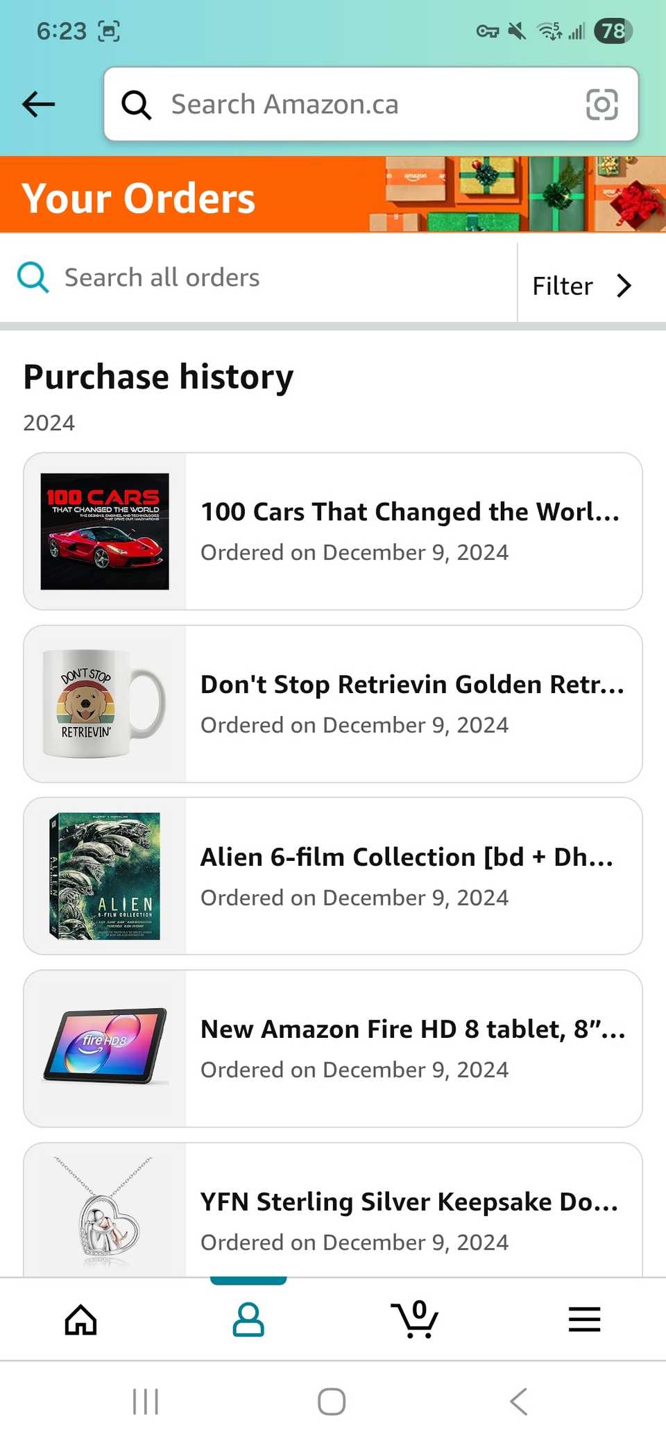 A purchase history shown for Amazon orders on Amazon app