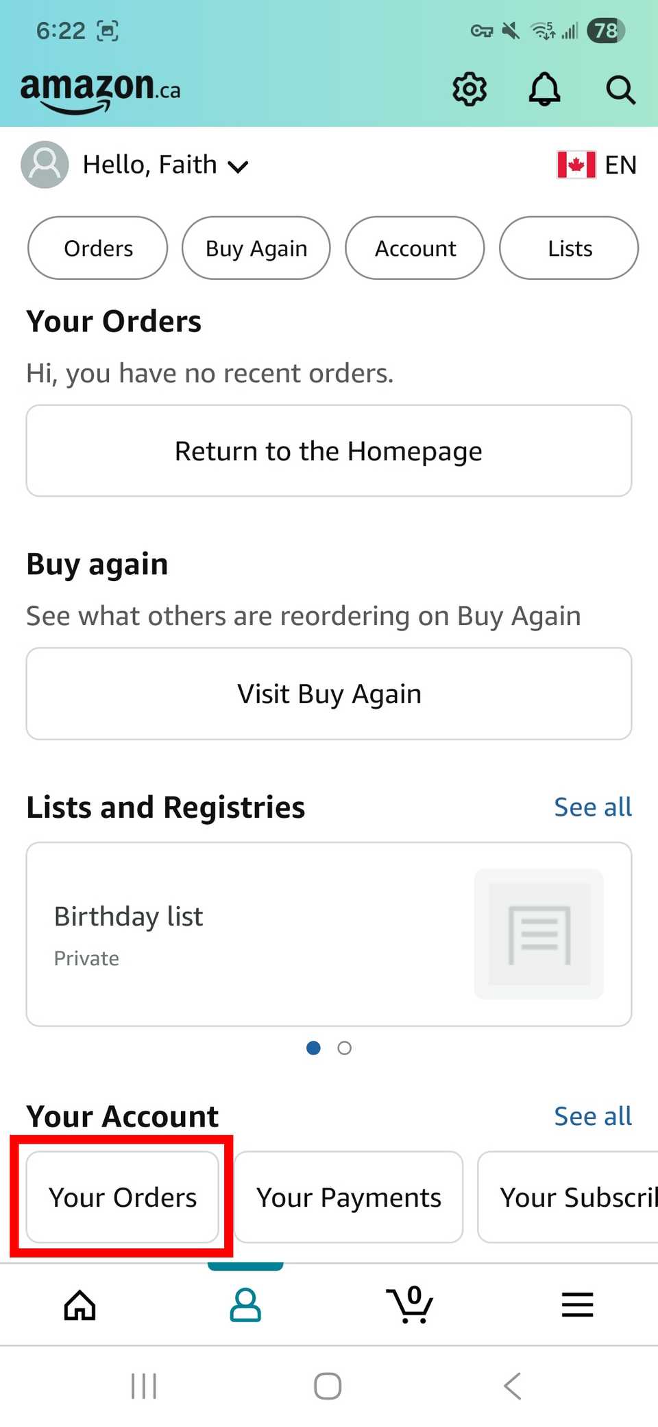 Red rectangle outline highlighting Your Orders
