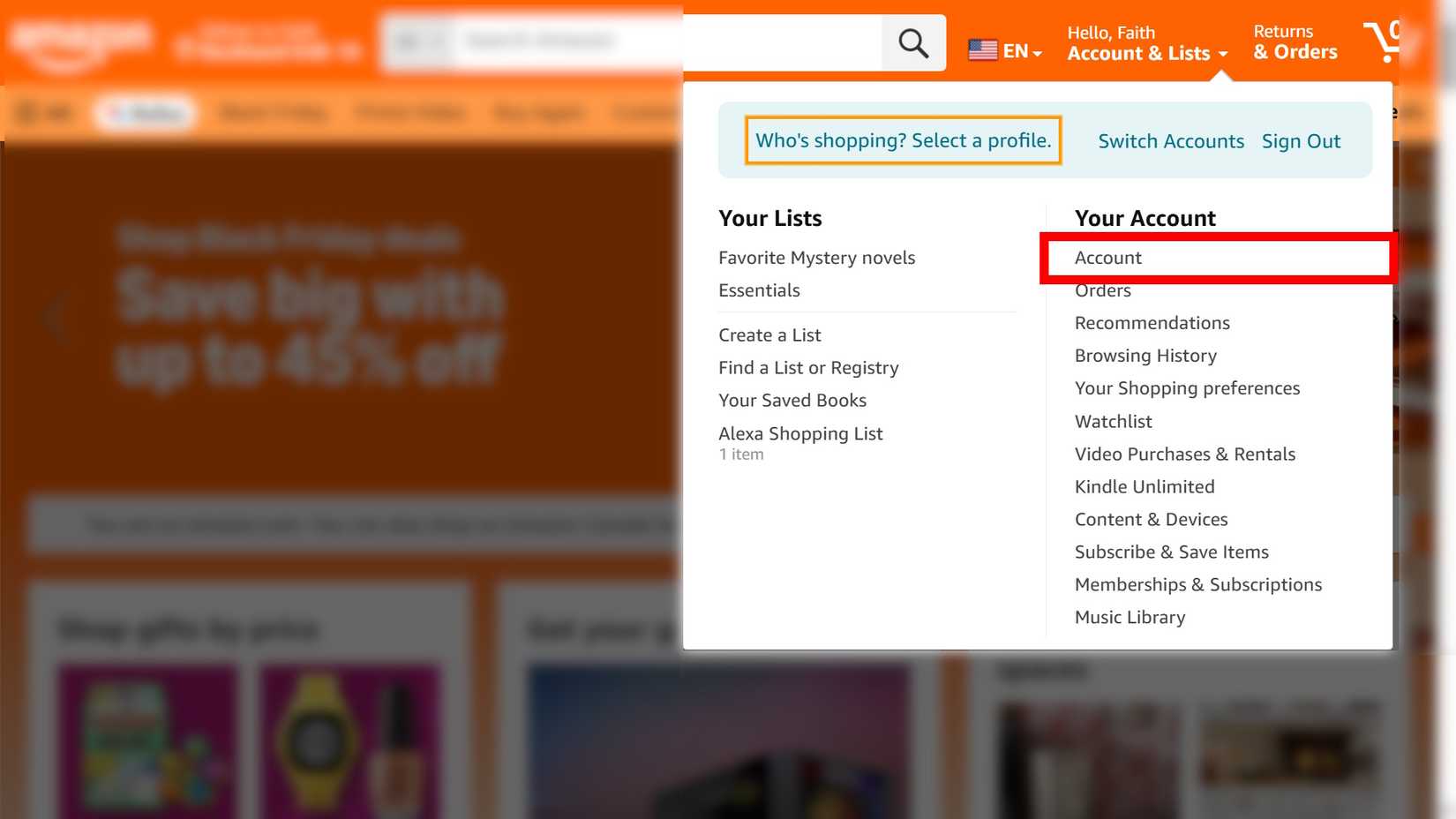 Contorno del rettangolo rosso sopra l'account in Account ed elenchi sul sito Web di Amazon