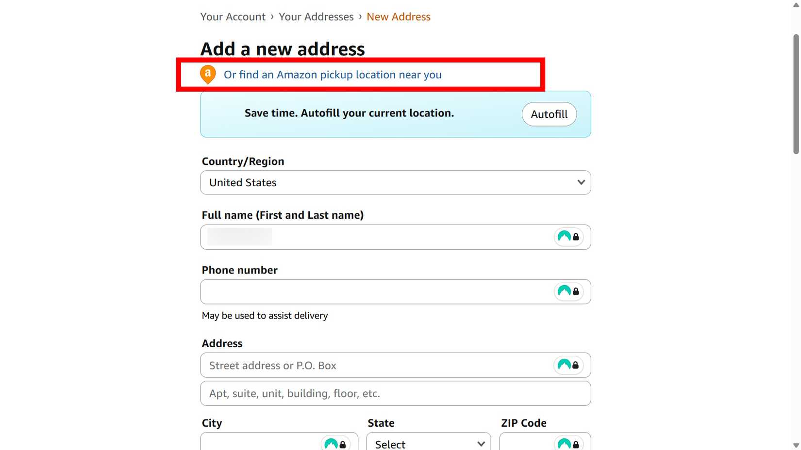 Red rectangle outline highlighting Or find an Amazon pickup location near you under Add a new address field page