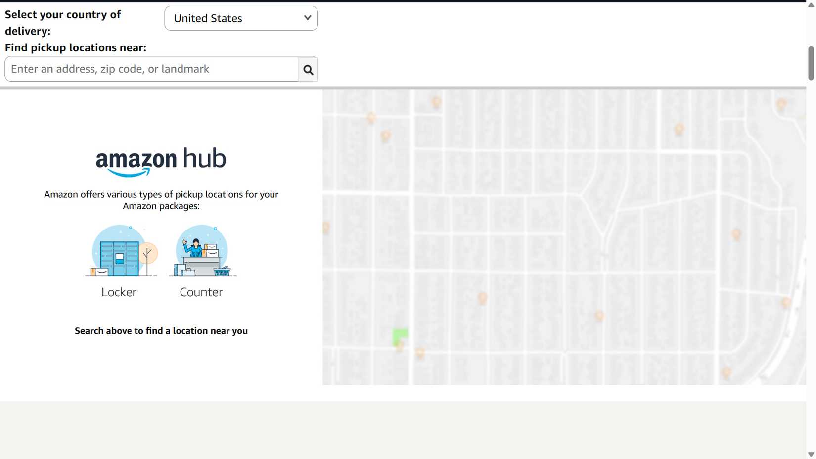 Amazon hub search location page for Amazon Locker and Amazon Counter