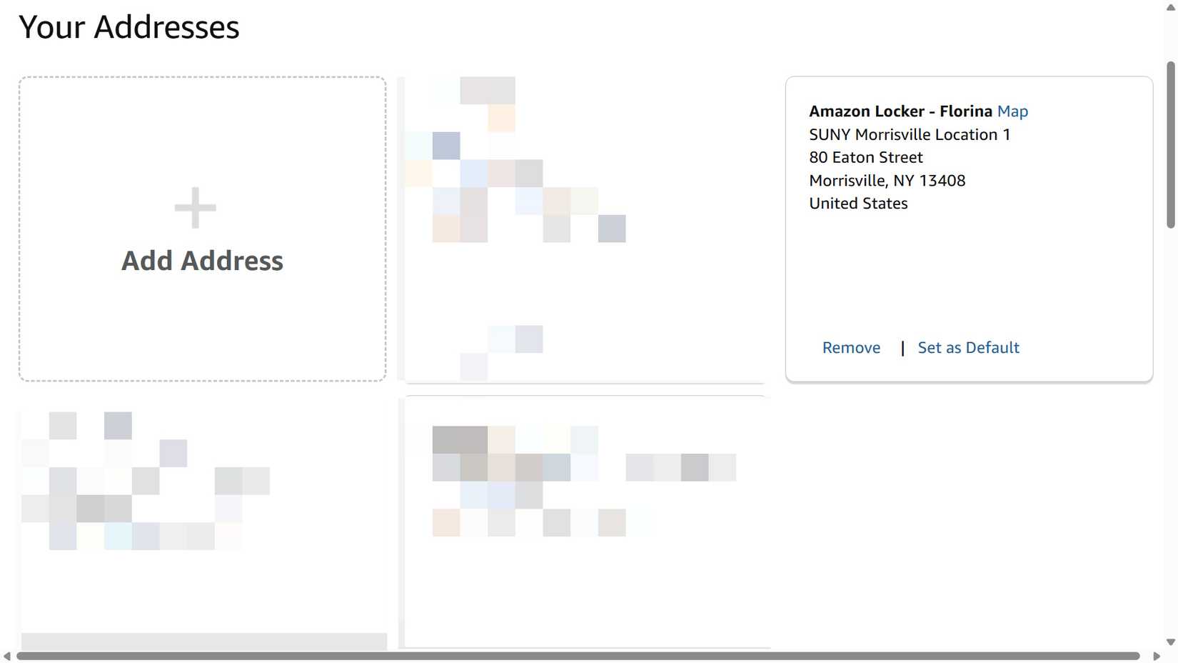 A list of addresses in Your Addresses page with Add Address button in the top left on Amazon website