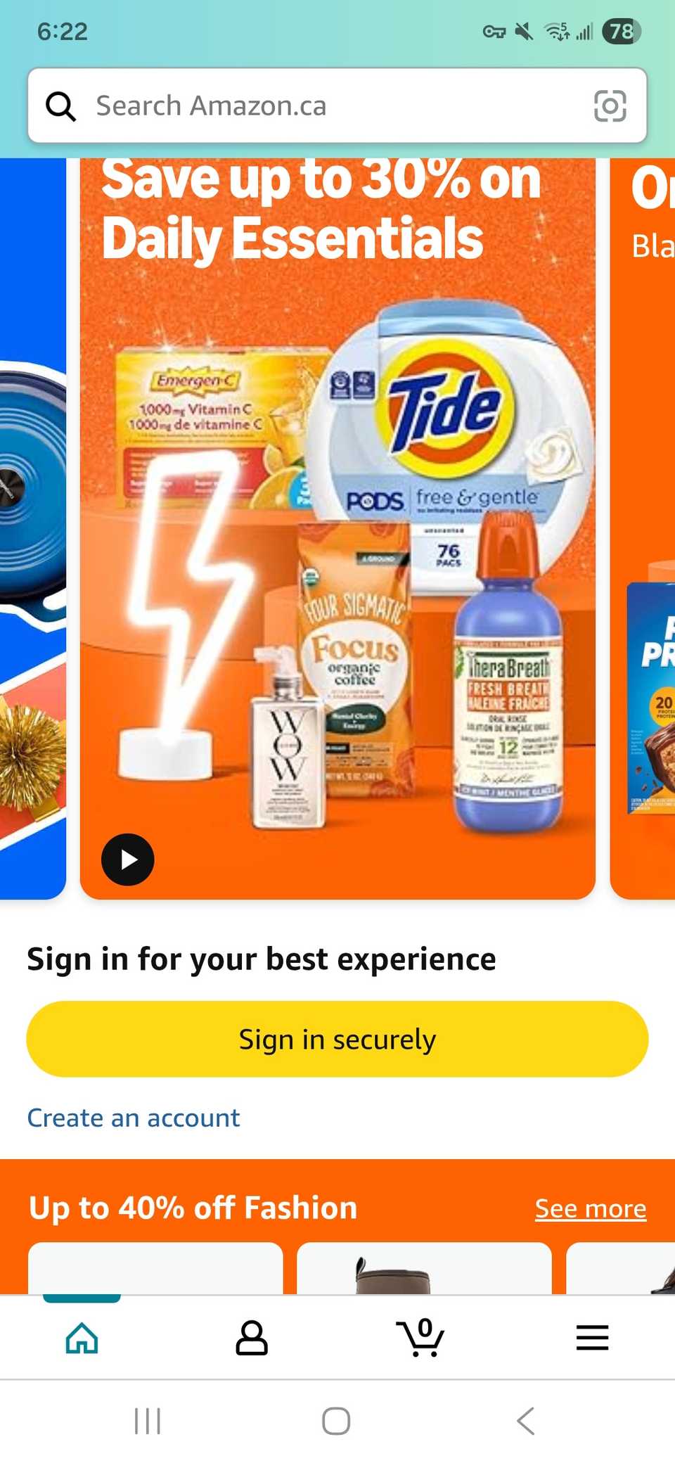 Scheda della schermata iniziale dell'app Amazon Shopping che mostra le offerte, il pulsante del profilo e la scheda acquisti in basso