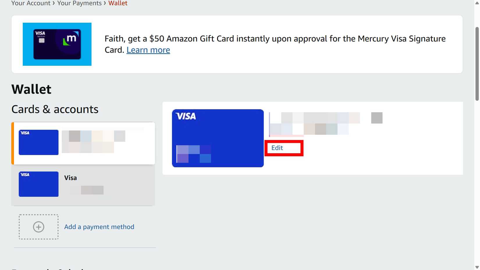 Contorno del rettangolo rosso che evidenzia Modifica sotto un metodo di pagamento selezionato sul desktop del sito Web di Amazon