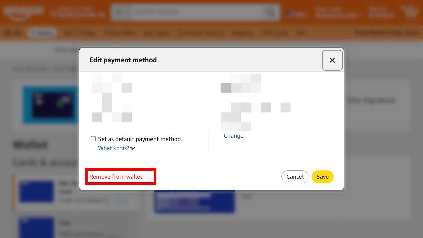 Evidenziazione del contorno del rettangolo rosso Opzione Rimuovi dal portafoglio nella finestra Modifica metodo di pagamento sul desktop del sito Web di Amazon