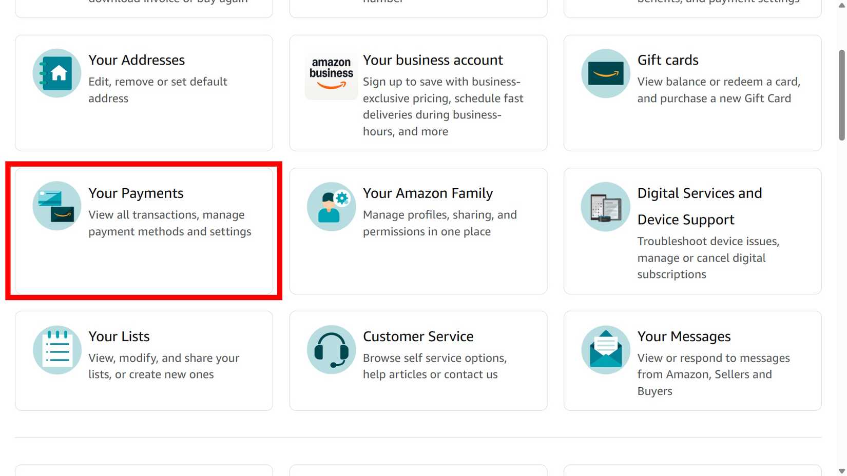 Contorno del rettangolo rosso che evidenzia i tuoi pagamenti sul desktop web di Amazon
