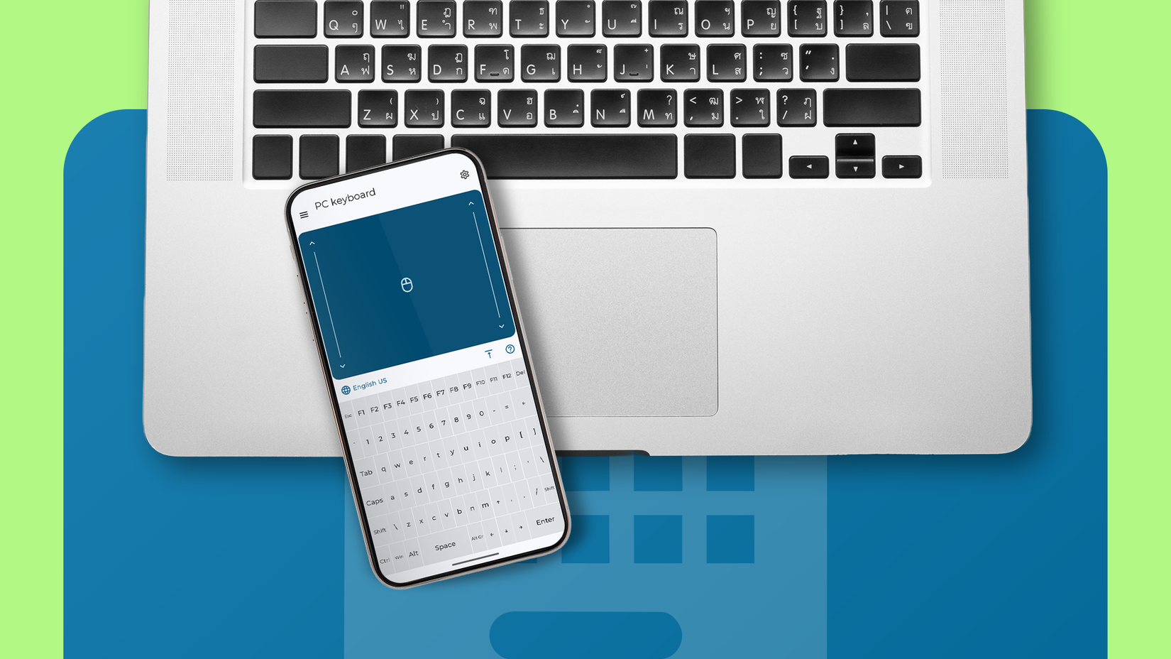 Um telefone Android exibindo a interface do aplicativo Teclado e Mouse Bluetooth, colocado em cima de um laptop aberto.
